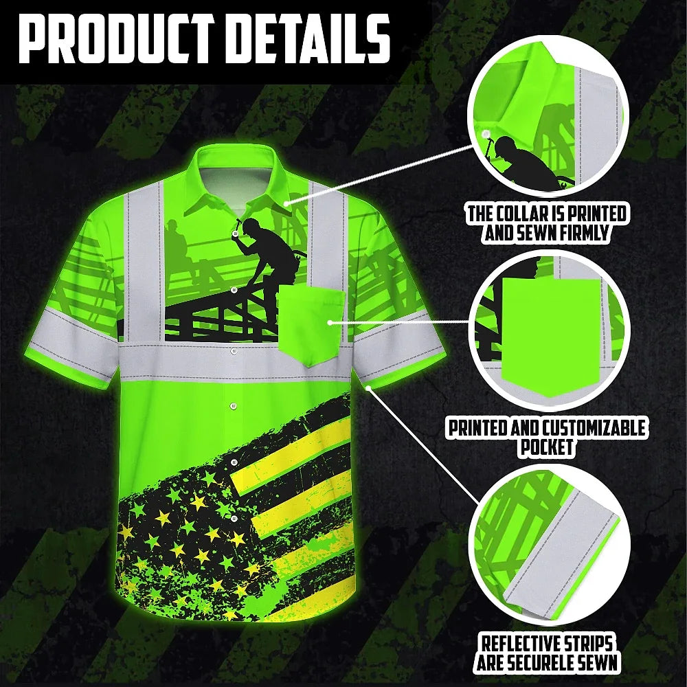 Hi Vis Hawaiian Shirt Reflective Tapes Green US Flag Roofer Custom Name