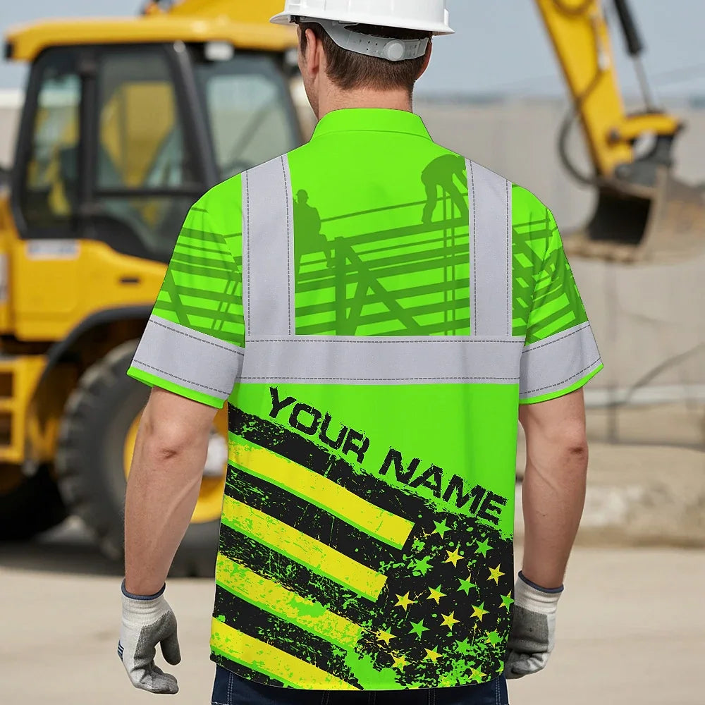 Hi Vis Hawaiian Shirt Reflective Tapes Green US Flag Roofer Custom Name