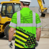 Hi Vis Hawaiian Shirt Reflective Tapes Green US Flag Roofer Custom Name