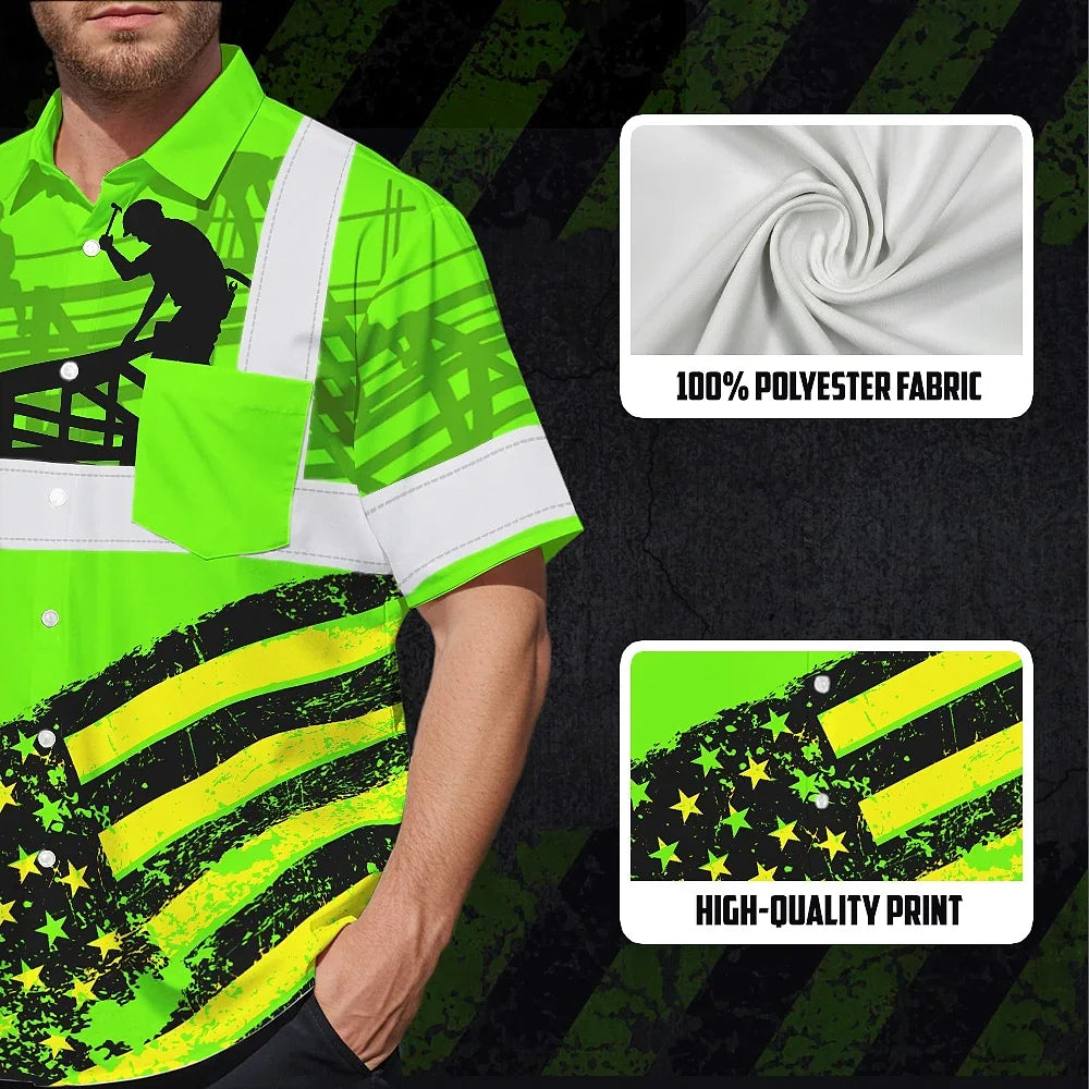 Hi Vis Hawaiian Shirt Reflective Tapes Green US Flag Roofer Custom Name