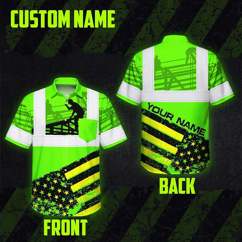 Hi Vis Hawaiian Shirt Reflective Tapes Green US Flag Roofer Custom Name