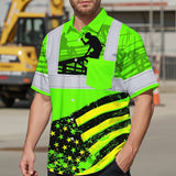 Hi Vis Hawaiian Shirt Reflective Tapes Green US Flag Roofer Custom Name