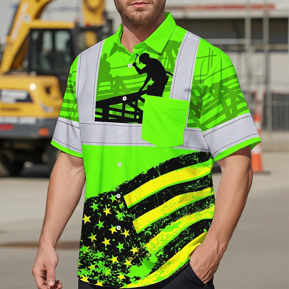 Hi Vis Hawaiian Shirt Reflective Tapes Green US Flag Roofer Custom Name