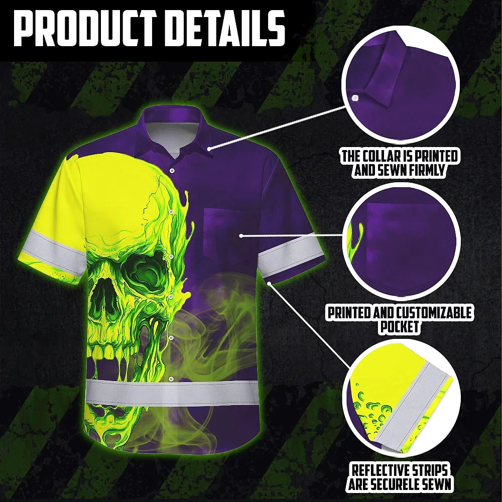 Hi Vis Hawaiian Shirt Reflective Tapes Green Violet Skull Custom Name Safety Workwear For Workers, Truckers, Operators