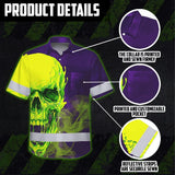 Hi Vis Hawaiian Shirt Reflective Tapes Green Violet Skull Custom Name Safety Workwear For Workers, Truckers, Operators