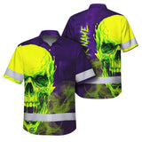 Hi Vis Hawaiian Shirt Reflective Tapes Green Violet Skull Custom Name Safety Workwear For Workers, Truckers, Operators