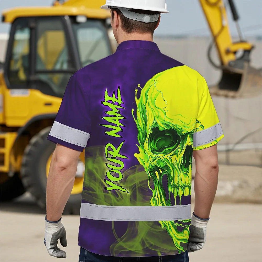 Hi Vis Hawaiian Shirt Reflective Tapes Green Violet Skull Custom Name Safety Workwear For Workers, Truckers, Operators