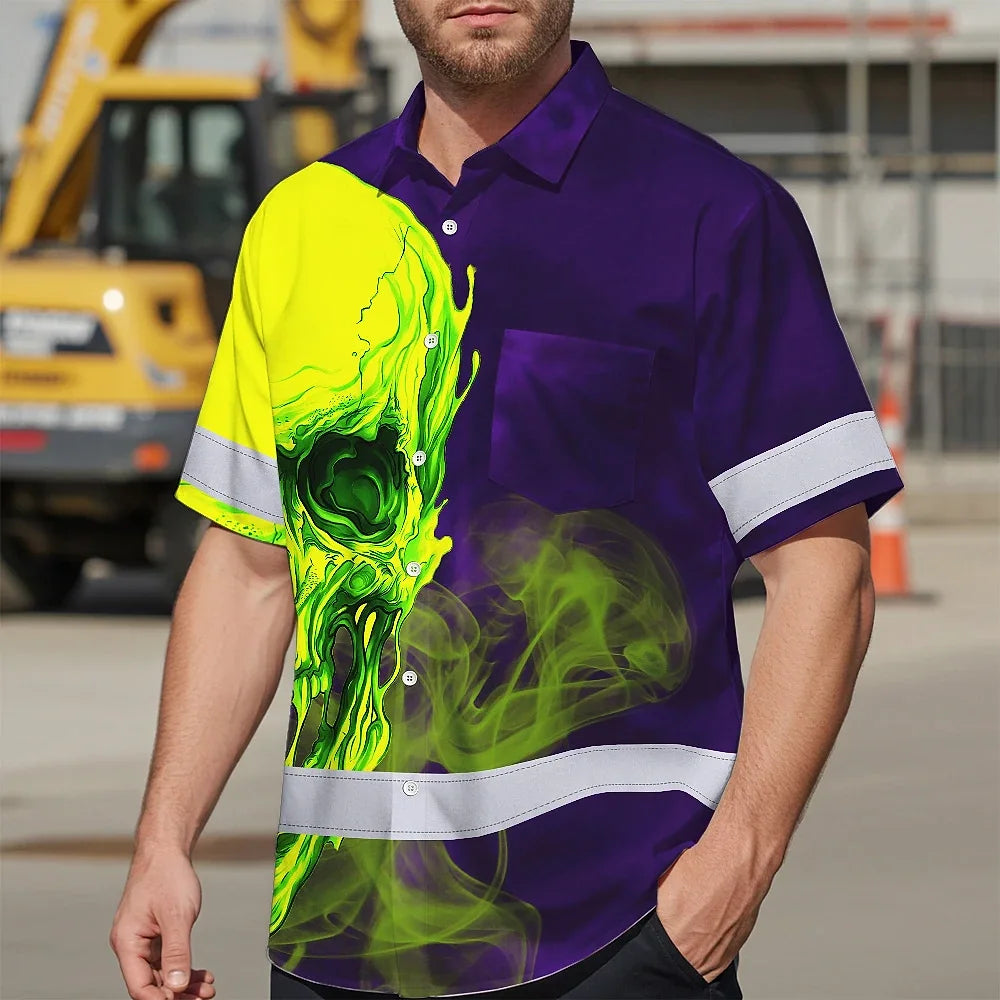 Hi Vis Hawaiian Shirt Reflective Tapes Green Violet Skull Custom Name Safety Workwear For Workers, Truckers, Operators