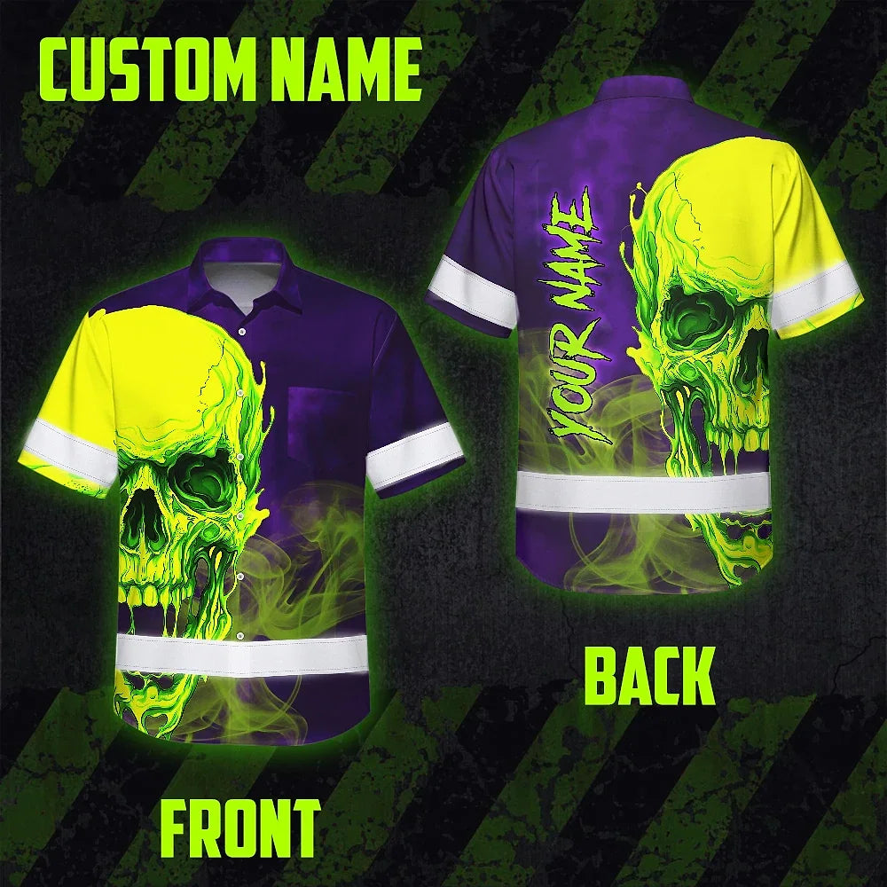 Hi Vis Hawaiian Shirt Reflective Tapes Green Violet Skull Custom Name Safety Workwear For Workers, Truckers, Operators