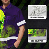 Hi Vis Hawaiian Shirt Reflective Tapes Green Violet Skull Custom Name Safety Workwear For Workers, Truckers, Operators