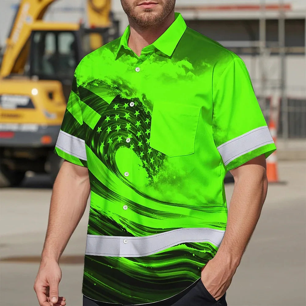 Hi Vis Hawaiian Shirt Reflective Tapes Green Waves Neon US Flag Custom Name Safety Workwear For Workers, Truckers, Operators