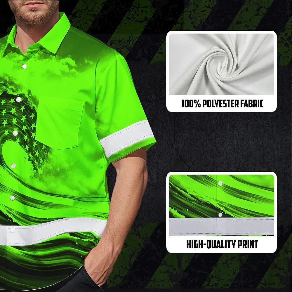 Hi Vis Hawaiian Shirt Reflective Tapes Green Waves Neon US Flag Custom Name Safety Workwear For Workers, Truckers, Operators