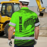 Hi Vis Hawaiian Shirt Reflective Tapes Green Waves Neon US Flag Custom Name Safety Workwear For Workers, Truckers, Operators