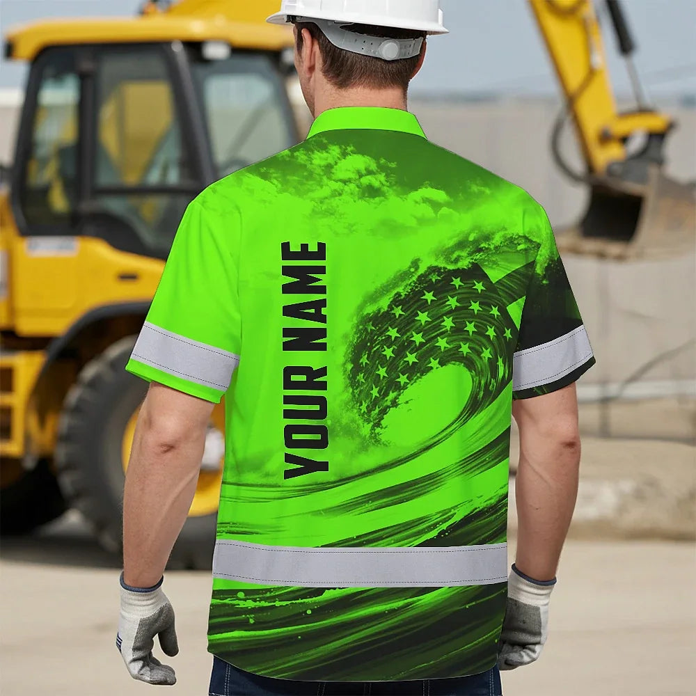 Hi Vis Hawaiian Shirt Reflective Tapes Green Waves Neon US Flag Custom Name Safety Workwear For Workers, Truckers, Operators