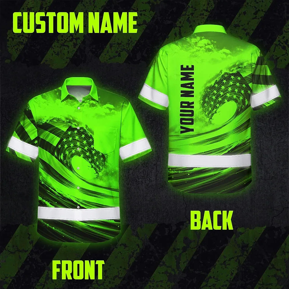 Hi Vis Hawaiian Shirt Reflective Tapes Green Waves Neon US Flag Custom Name Safety Workwear For Workers, Truckers, Operators