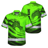 Hi Vis Hawaiian Shirt Reflective Tapes Green Waves Neon US Flag Custom Name Safety Workwear For Workers, Truckers, Operators