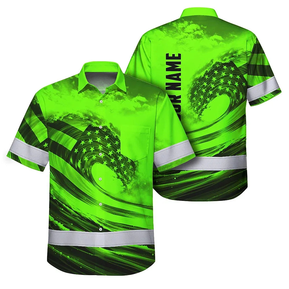 Hi Vis Hawaiian Shirt Reflective Tapes Green Waves Neon US Flag Custom Name Safety Workwear For Workers, Truckers, Operators