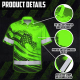 Hi Vis Hawaiian Shirt Reflective Tapes Green Waves Neon US Flag Custom Name Safety Workwear For Workers, Truckers, Operators