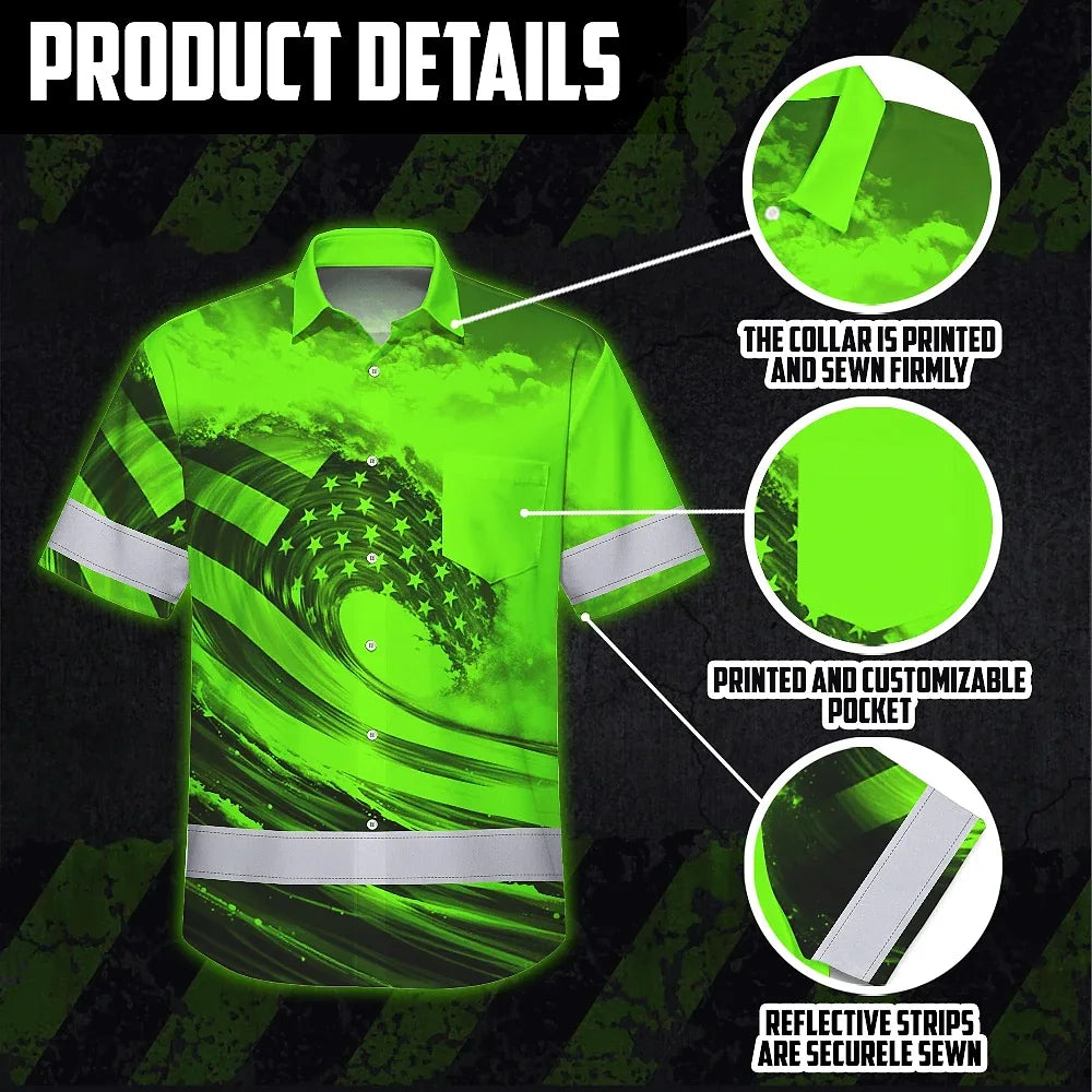 Hi Vis Hawaiian Shirt Reflective Tapes Green Waves Neon US Flag Custom Name Safety Workwear For Workers, Truckers, Operators