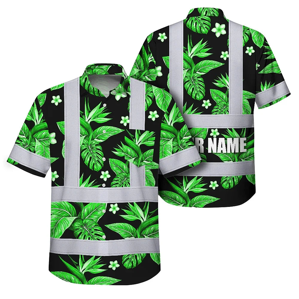 Hi Vis Hawaiian Shirt Reflective Tapes Green White Bird of Paradise Custom Name Safety Workwear For Workers, Truckers, Operators