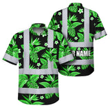 Hi Vis Hawaiian Shirt Reflective Tapes Green White Bird of Paradise Custom Name Safety Workwear For Workers, Truckers, Operators