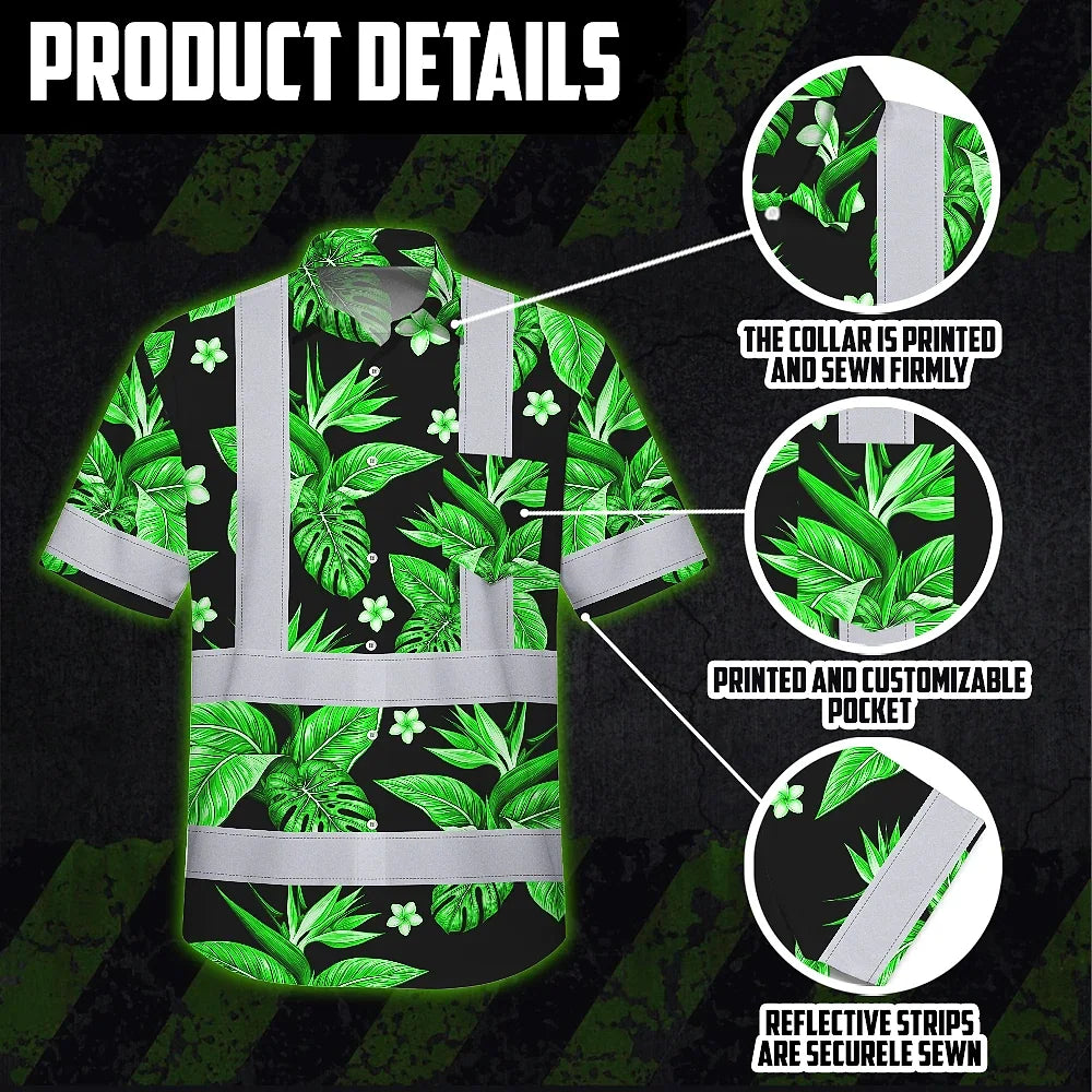 Hi Vis Hawaiian Shirt Reflective Tapes Green White Bird of Paradise Custom Name Safety Workwear For Workers, Truckers, Operators