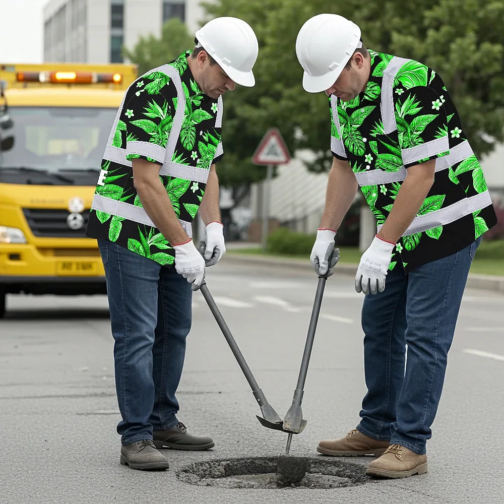 Hi Vis Hawaiian Shirt Reflective Tapes Green White Bird of Paradise Custom Name Safety Workwear For Workers, Truckers, Operators