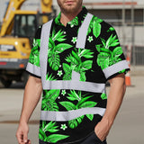 Hi Vis Hawaiian Shirt Reflective Tapes Green White Bird of Paradise Custom Name Safety Workwear For Workers, Truckers, Operators