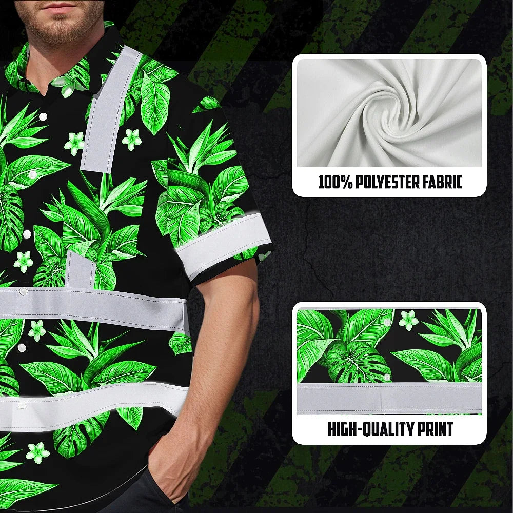 Hi Vis Hawaiian Shirt Reflective Tapes Green White Bird of Paradise Custom Name Safety Workwear For Workers, Truckers, Operators