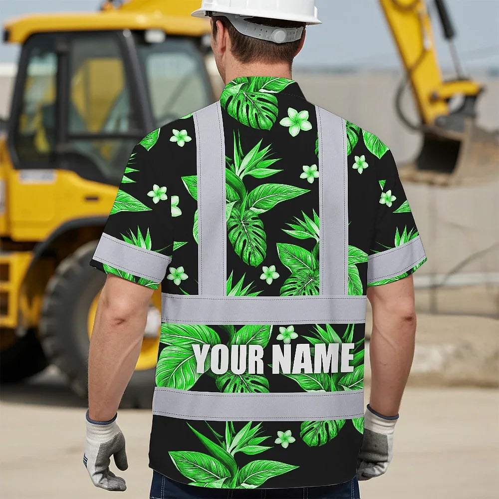 Hi Vis Hawaiian Shirt Reflective Tapes Green White Bird of Paradise Custom Name Safety Workwear For Workers, Truckers, Operators