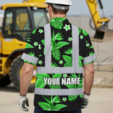Hi Vis Hawaiian Shirt Reflective Tapes Green White Bird of Paradise Custom Name Safety Workwear For Workers, Truckers, Operators
