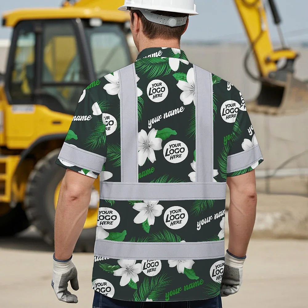 Hi Vis Hawaiian Shirt Reflective Tapes Green White Flowers Custom Name And Logo Safety Workwear For Workers, Truckers, Operators, Company