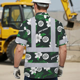 Hi Vis Hawaiian Shirt Reflective Tapes Green White Flowers Custom Name And Logo Safety Workwear For Workers, Truckers, Operators, Company