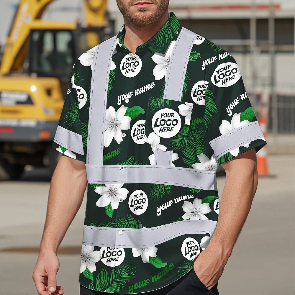 Hi Vis Hawaiian Shirt Reflective Tapes Green White Flowers Custom Name And Logo Safety Workwear For Workers, Truckers, Operators, Company
