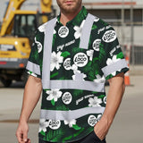 Hi Vis Hawaiian Shirt Reflective Tapes Green White Flowers Custom Name And Logo Safety Workwear For Workers, Truckers, Operators, Company