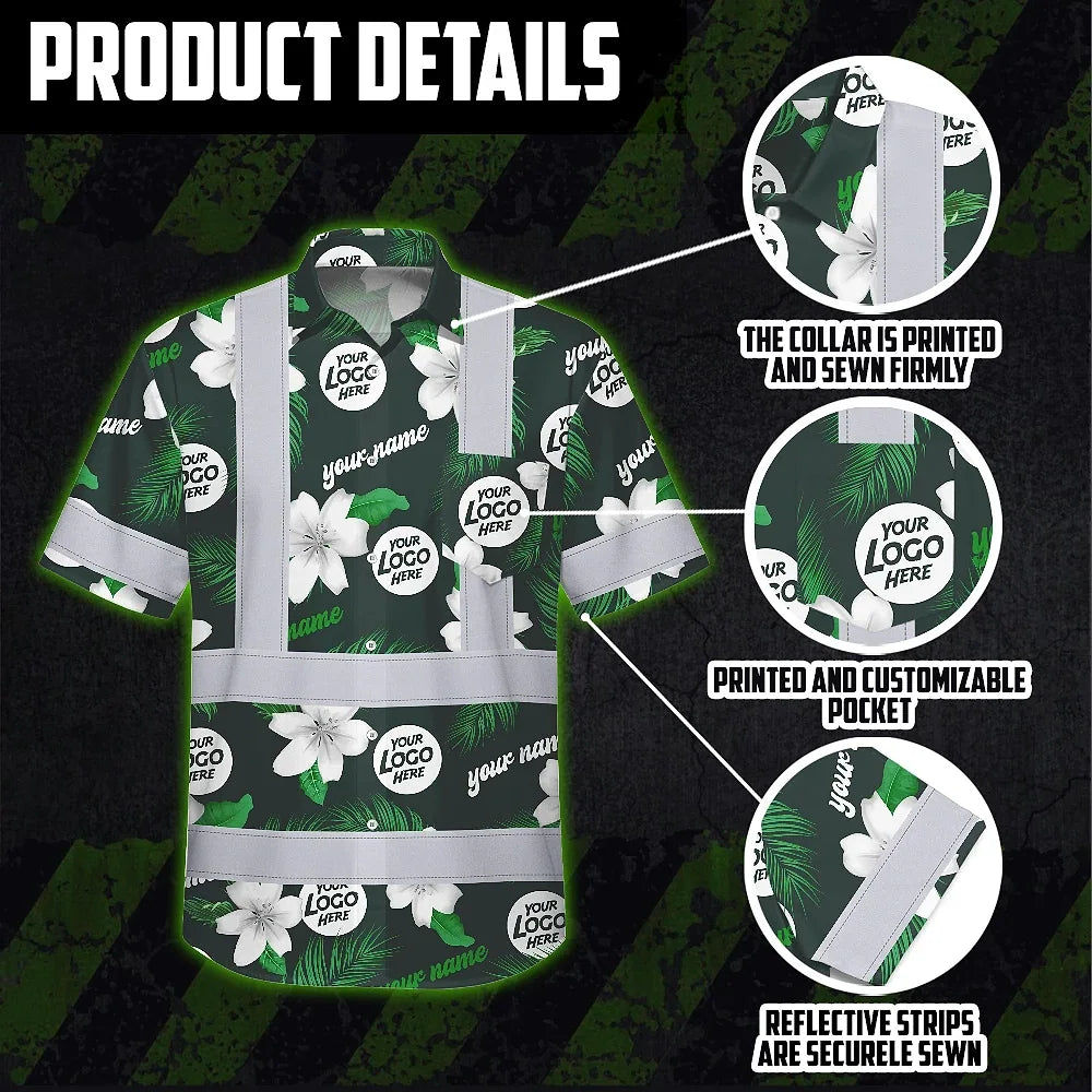 Hi Vis Hawaiian Shirt Reflective Tapes Green White Flowers Custom Name And Logo Safety Workwear For Workers, Truckers, Operators, Company