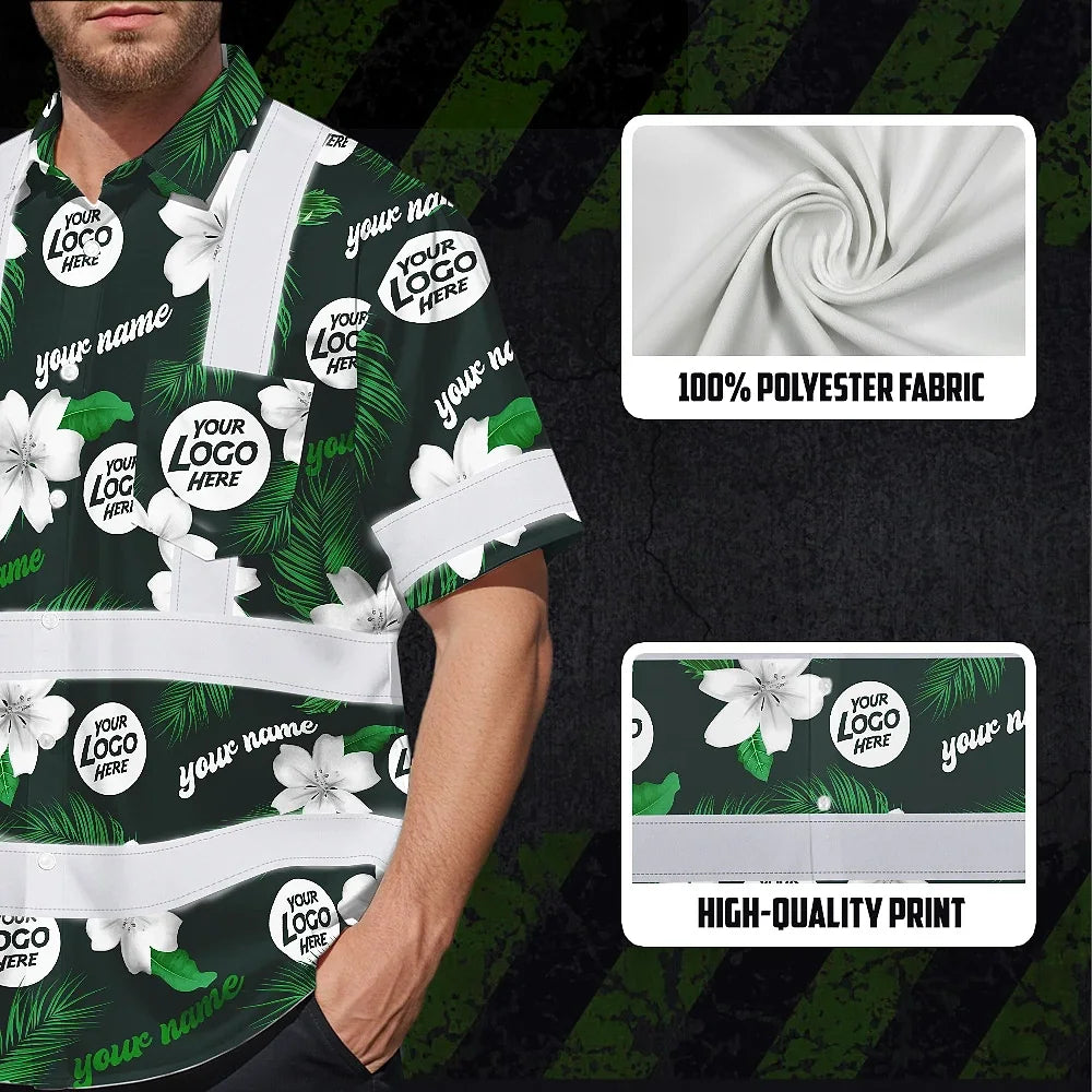 Hi Vis Hawaiian Shirt Reflective Tapes Green White Flowers Custom Name And Logo Safety Workwear For Workers, Truckers, Operators, Company
