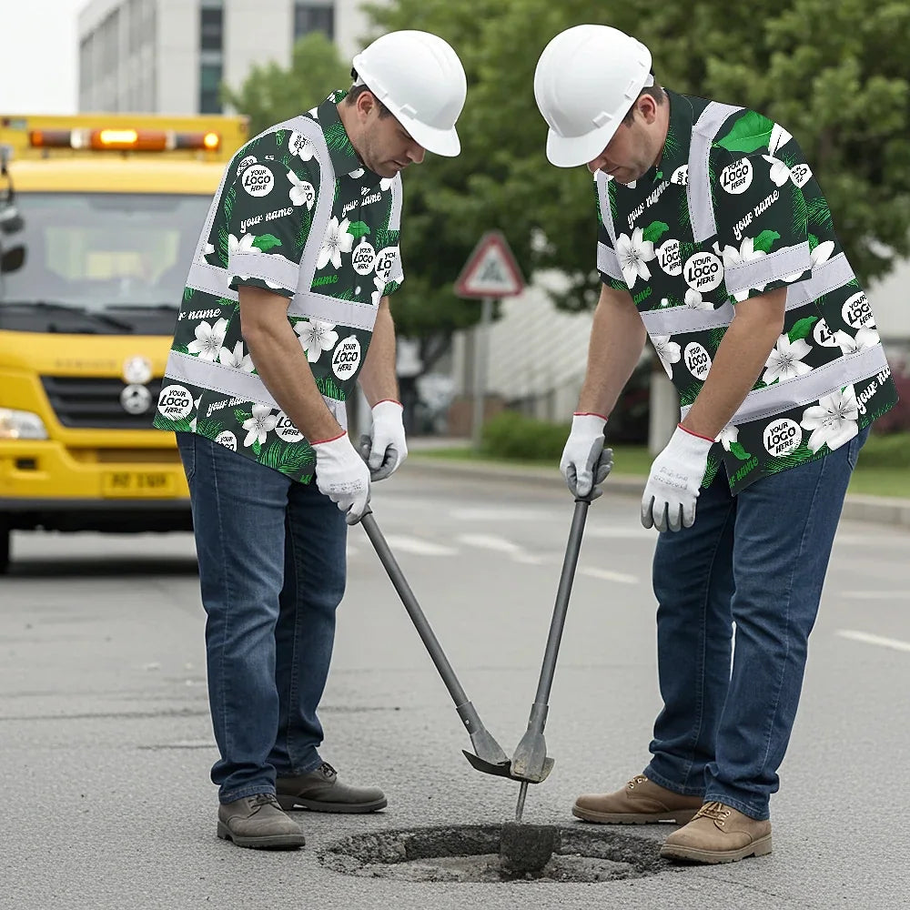 Hi Vis Hawaiian Shirt Reflective Tapes Green White Flowers Custom Name And Logo Safety Workwear For Workers, Truckers, Operators, Company