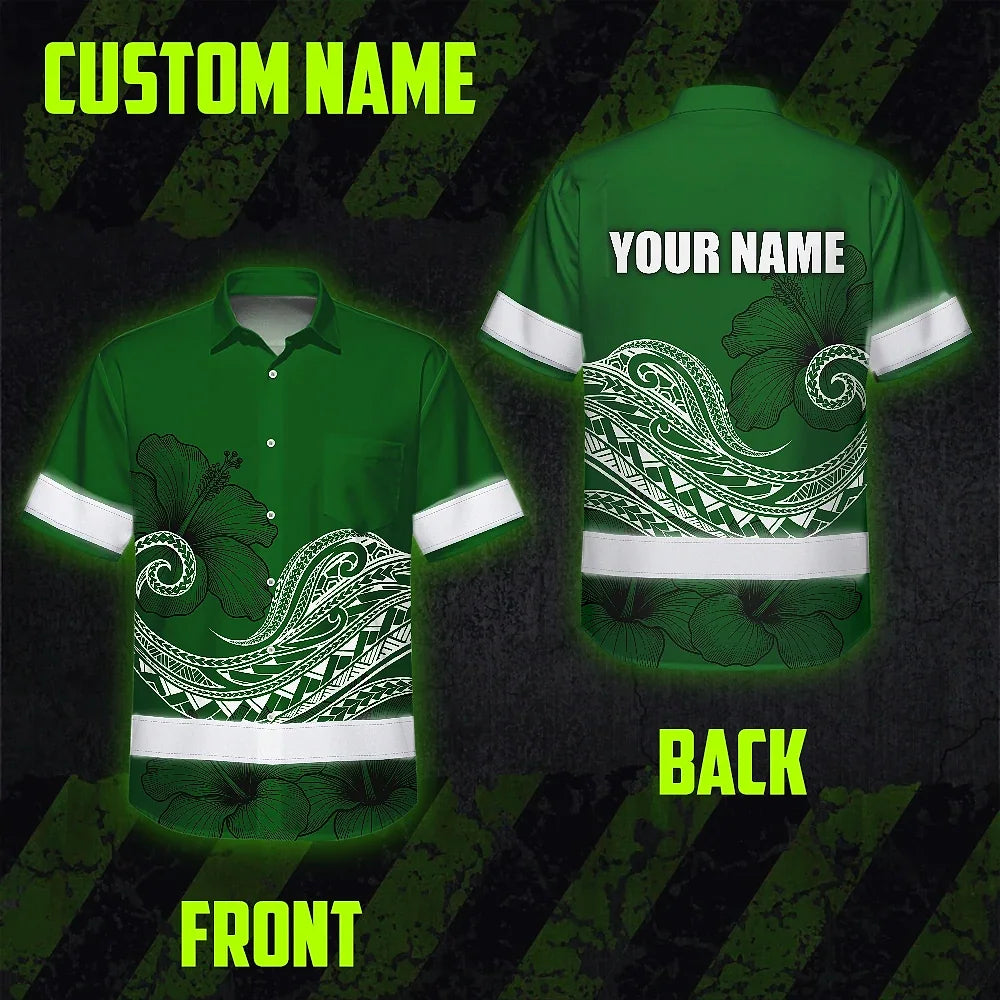 Hi Vis Hawaiian Shirt Reflective Tapes Green White Polynesian Custom Name Safety Workwear For Workers, Truckers, Operators