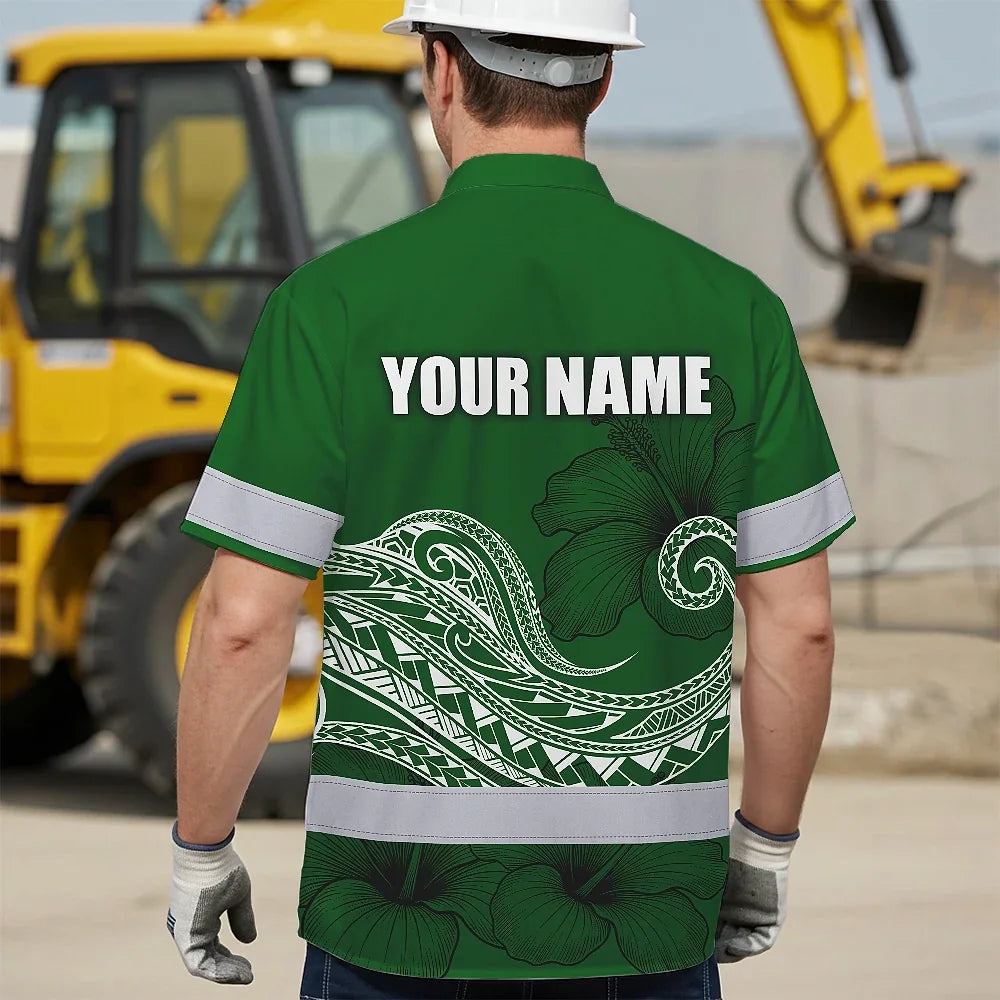 Hi Vis Hawaiian Shirt Reflective Tapes Green White Polynesian Custom Name Safety Workwear For Workers, Truckers, Operators