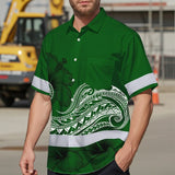 Hi Vis Hawaiian Shirt Reflective Tapes Green White Polynesian Custom Name Safety Workwear For Workers, Truckers, Operators
