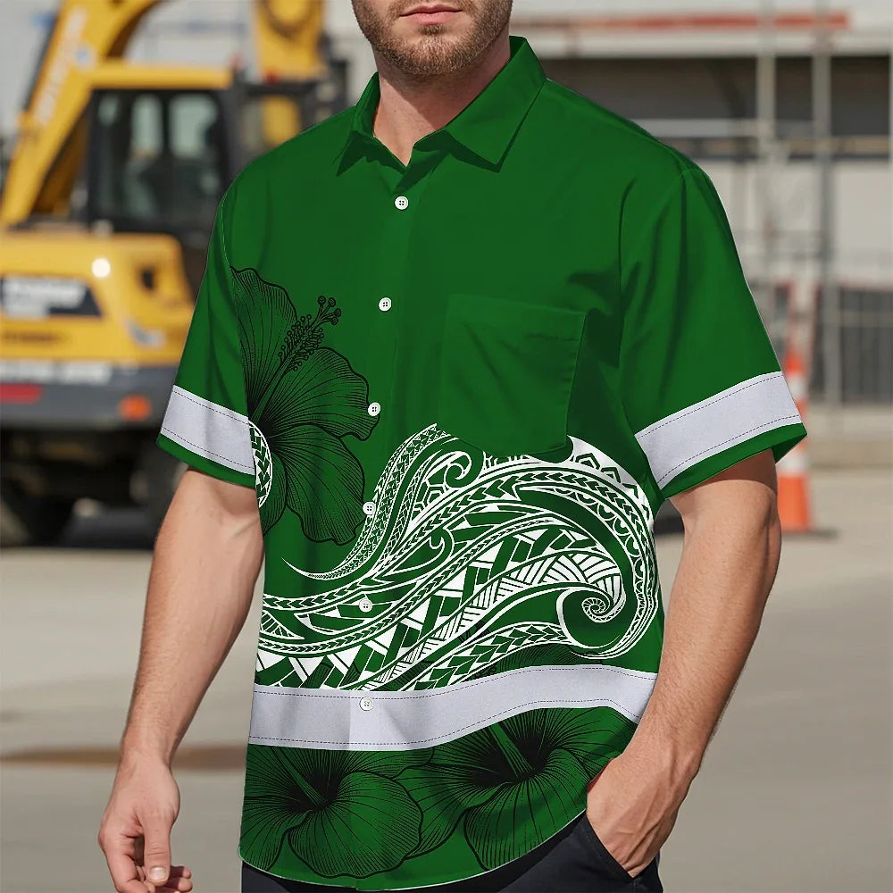 Hi Vis Hawaiian Shirt Reflective Tapes Green White Polynesian Custom Name Safety Workwear For Workers, Truckers, Operators