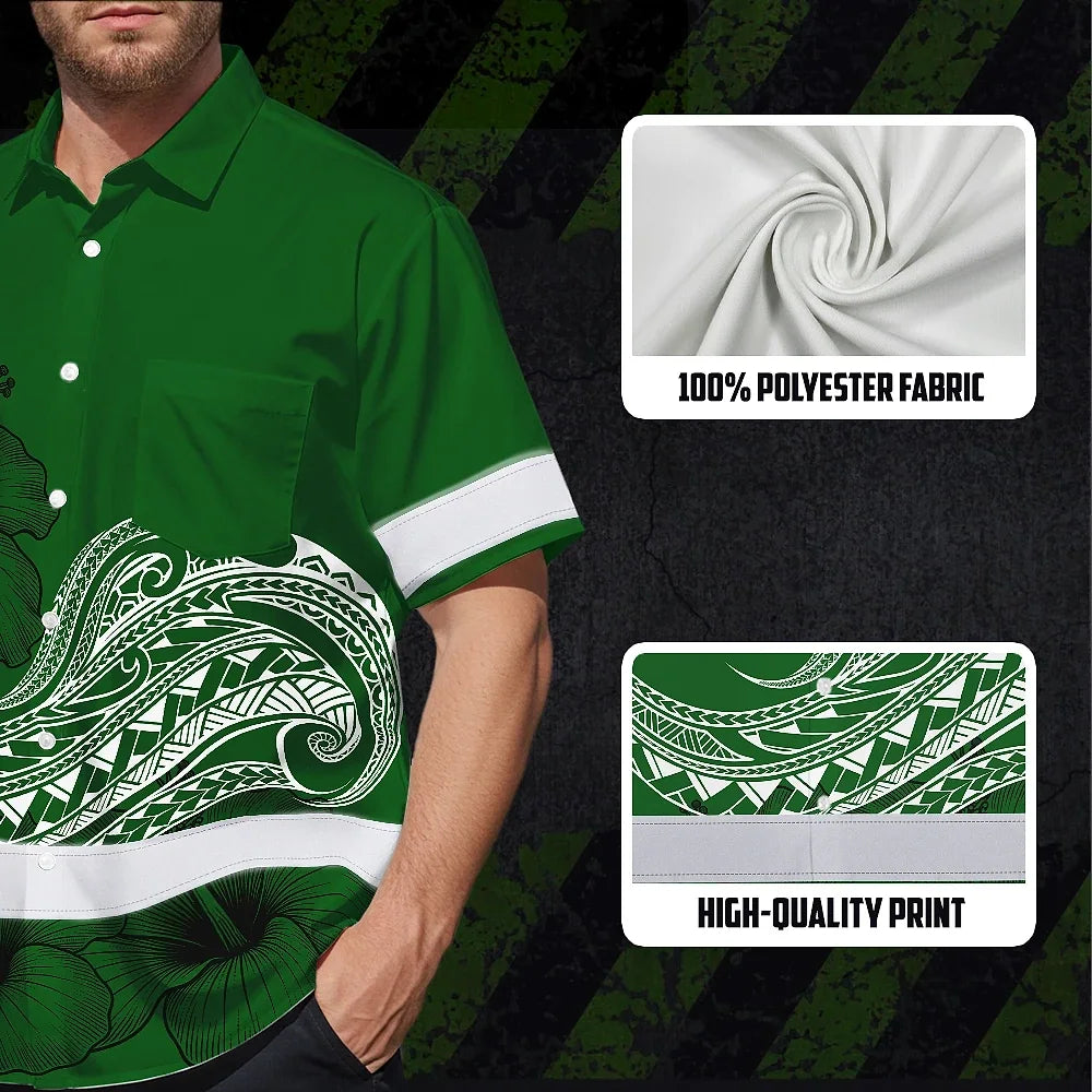 Hi Vis Hawaiian Shirt Reflective Tapes Green White Polynesian Custom Name Safety Workwear For Workers, Truckers, Operators