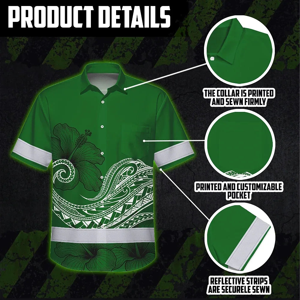 Hi Vis Hawaiian Shirt Reflective Tapes Green White Polynesian Custom Name Safety Workwear For Workers, Truckers, Operators