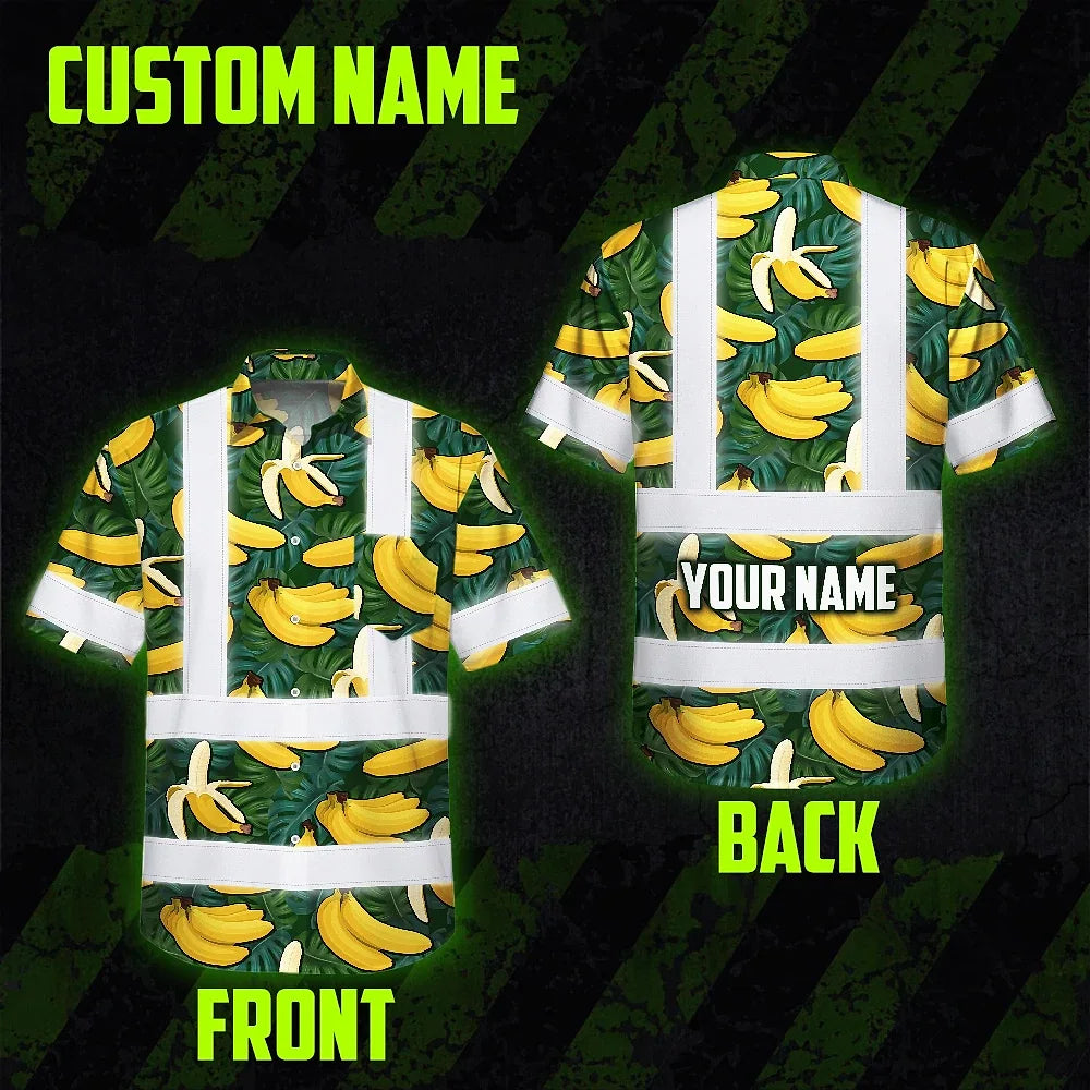 Hi Vis Hawaiian Shirt Reflective Tapes Green Yellow Banana Custom Name Safety Workwear For Workers, Truckers, Operators