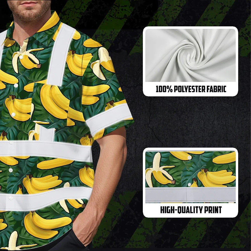 Hi Vis Hawaiian Shirt Reflective Tapes Green Yellow Banana Custom Name Safety Workwear For Workers, Truckers, Operators