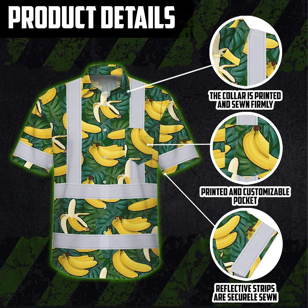 Hi Vis Hawaiian Shirt Reflective Tapes Green Yellow Banana Custom Name Safety Workwear For Workers, Truckers, Operators