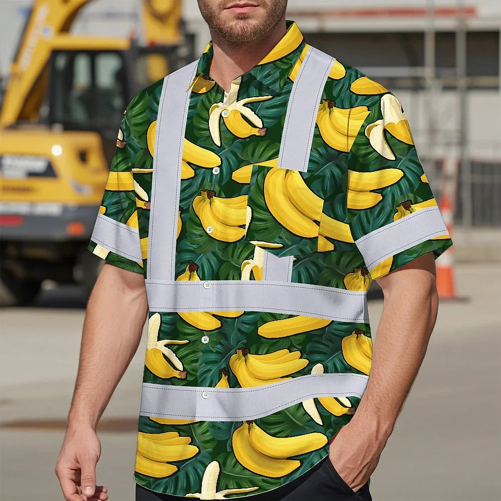 Hi Vis Hawaiian Shirt Reflective Tapes Green Yellow Banana Custom Name Safety Workwear For Workers, Truckers, Operators