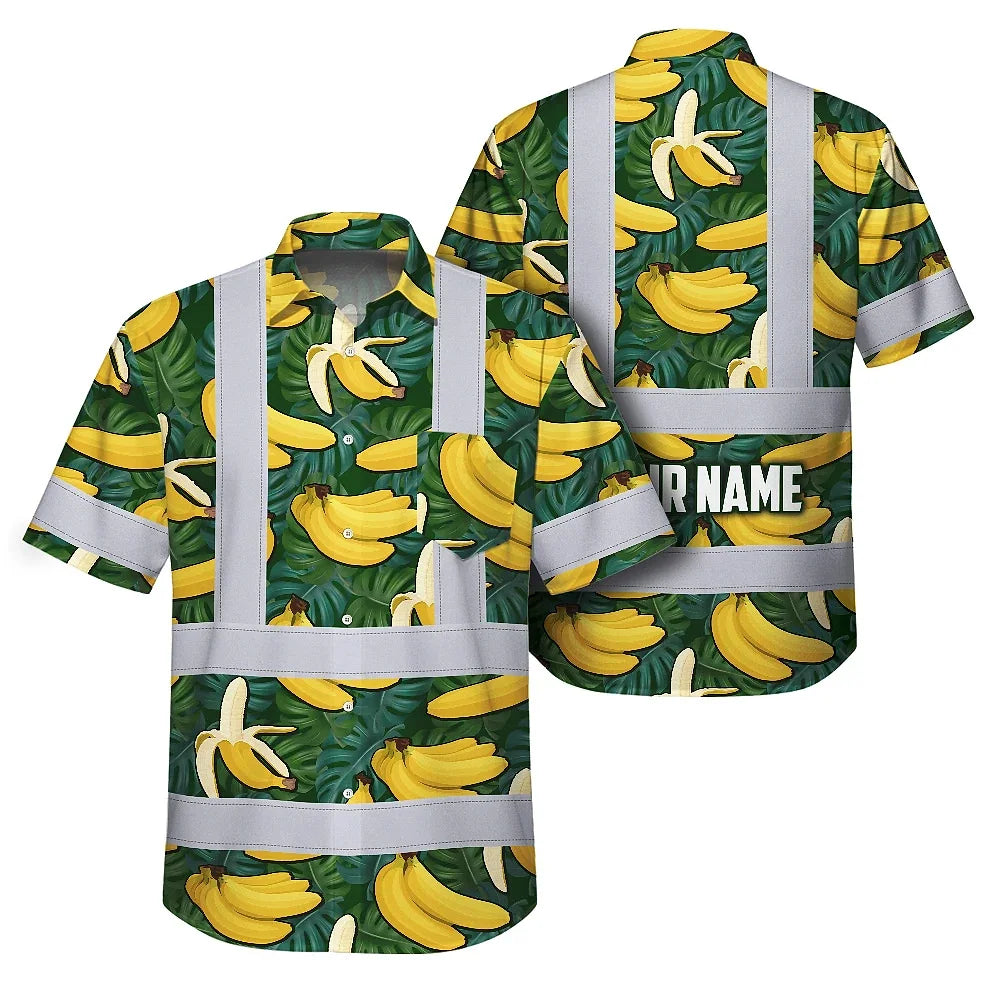 Hi Vis Hawaiian Shirt Reflective Tapes Green Yellow Banana Custom Name Safety Workwear For Workers, Truckers, Operators