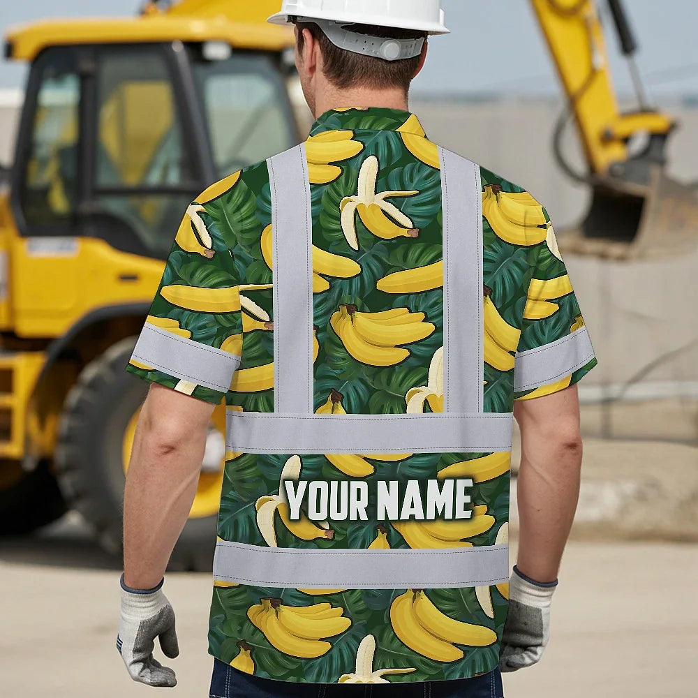 Hi Vis Hawaiian Shirt Reflective Tapes Green Yellow Banana Custom Name Safety Workwear For Workers, Truckers, Operators